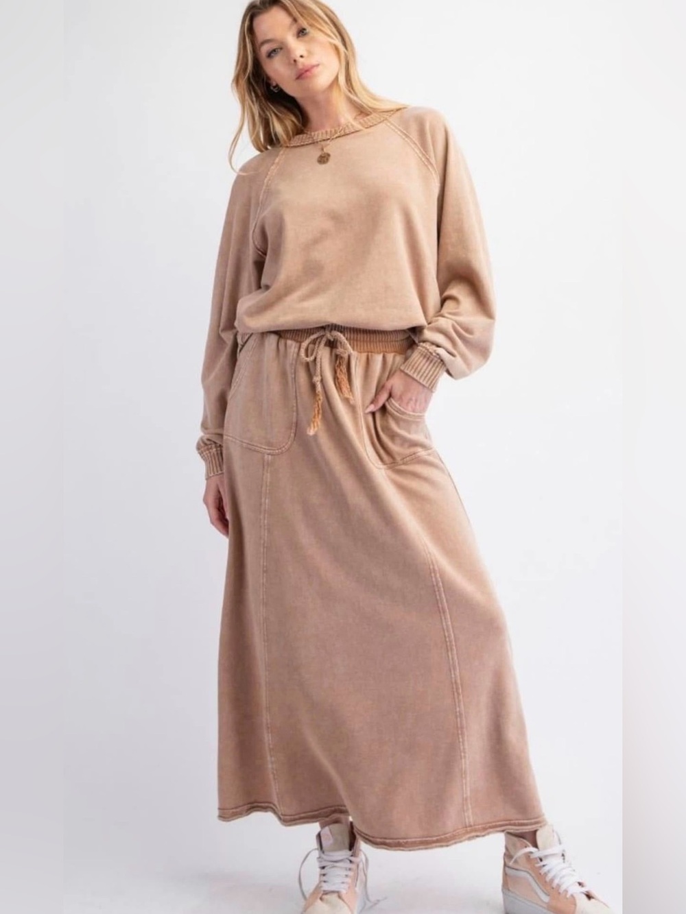 Easel Mineral Wash Maxi Skirt Drawstring Cargo Sweat French Terry Size Large